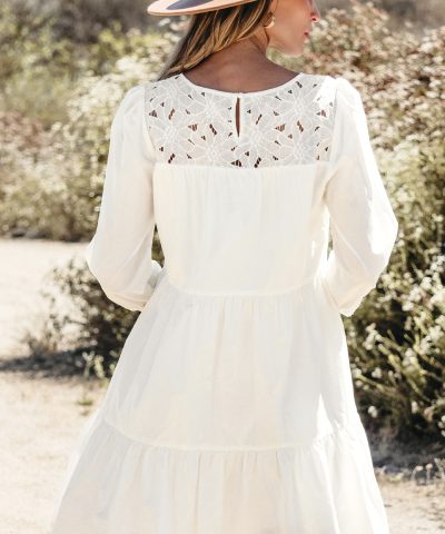 White Floral Lace Patchwork Bracelet Sleeve Tiered Mini Dress