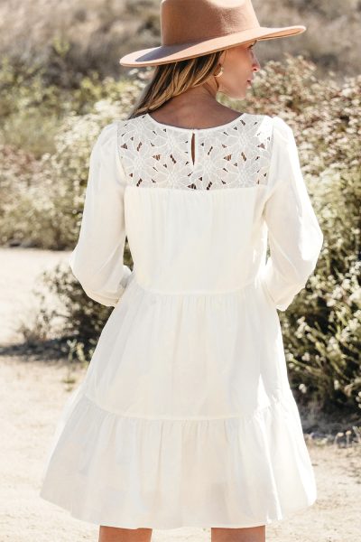 White Floral Lace Patchwork Bracelet Sleeve Tiered Mini Dress