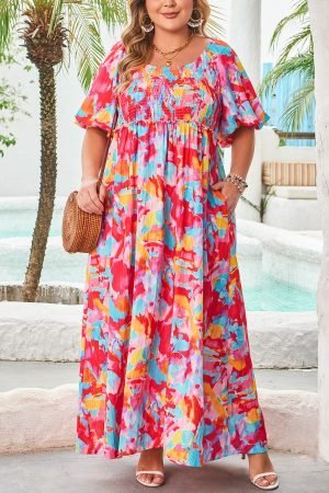 Rose Abstract Printed Puff Sleeve Square Neck Smocked Bust Tied Back Plus Size Dress - Image 5