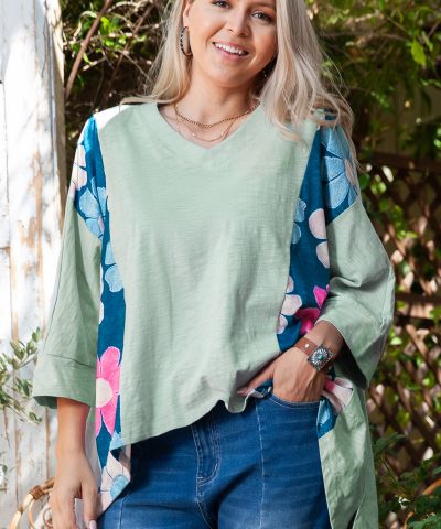 Green Plus Size Flower Patchwork High Low Top