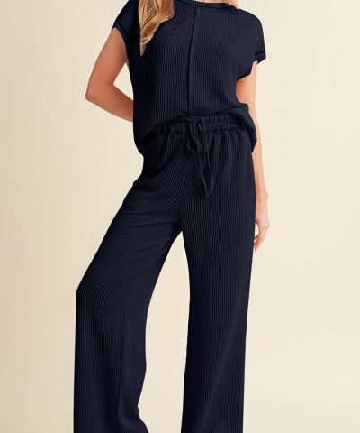 Navy Blue Solid Color Corded Short Sleeve Top and Casual Pants Set