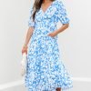 Sky Blue Floral V Neck Puff Short Sleeve Flowy Long Dress