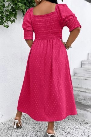 Sachet Pink Swiss Dot Smocked Frilled Neckline Short Sleeve Plus Size Dress - Image 5