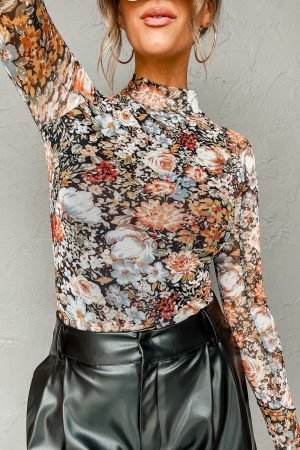 Brown Floral Long Sleeve High Neck Sheath Mesh Blouse - Image 5