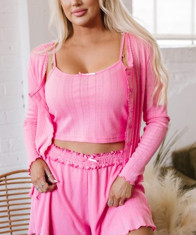 Bonbon Delicate Texture Cropped Cami Shorts and Cardigan 3pcs Lounge Set