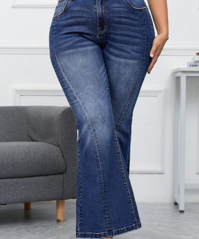 Dark Blue Plus Size Stitching Washed Flare Jeans