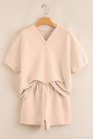 Apricot Textured V Neck T Shirt and Shorts Set - Image 3