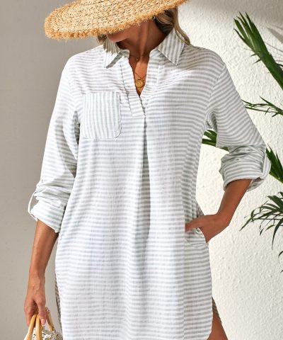 White Stripe Collared V Neck Chest Pocket Long Sleeve Beach Cover up