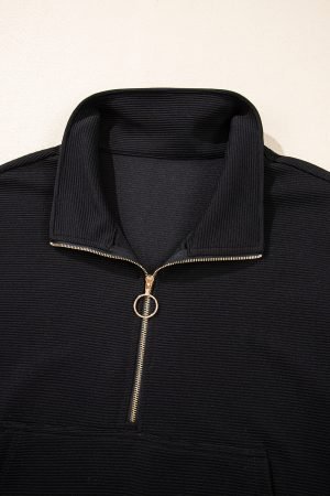 Black Textured Half Zip Kangaroo Pocket Top Drawstring Shorts Set - Image 5