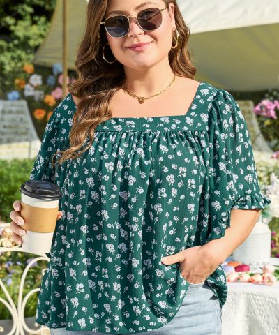 Green Floral Print Square Neck Ruffled Trim Plus Size Blouse