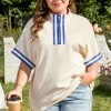 White Varsity Half Zip Textured Plus Size Top