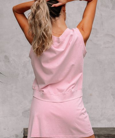 Light Pink 2 Pieces Mineral Wash Cotton Tank Top Lined Split Skirt Set