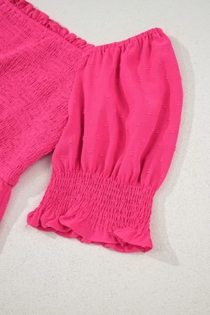Sachet Pink Swiss Dot Smocked Frilled Neckline Short Sleeve Plus Size Dress - Image 7