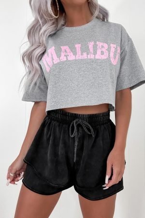 Black Mineral Wash French Terry Drawstring Elastic Waistband Casual Shorts - Image 4