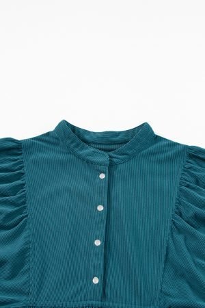 Blue Corduroy Snap Buttons Empire Waist Bracelet Sleeve Dress - Image 8