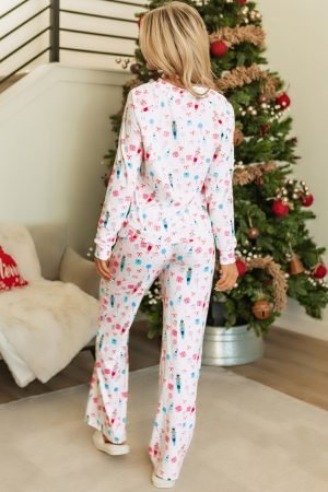 White Christmas Pattern Long Sleeve Top and Wide Leg Pants Set - Image 3