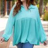 Turquoise Cordrd Balloon Sleeve Collar Plus Babydoll Top
