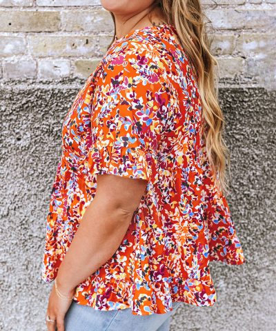 Orange Floral Printed Ruffle Sleeve Curvy Babydoll Blouse
