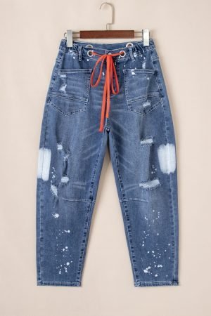 Ashleigh Blue Ripped Splattering Paint Rope Waist Cropped Straight Jeans - Image 6