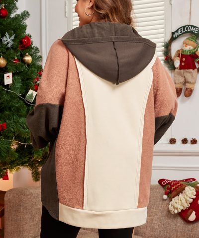 Brown Exposed Seam Colorblock Plus Size Hoodie