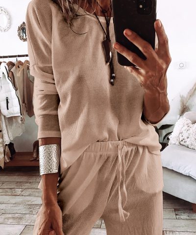 Parchment Textured Long Sleeve T Shirt and Pants Lounge Set