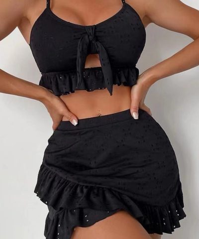 Black Eyelet Pattern Knotted Ruffle Trim 3pcs Bikini Set