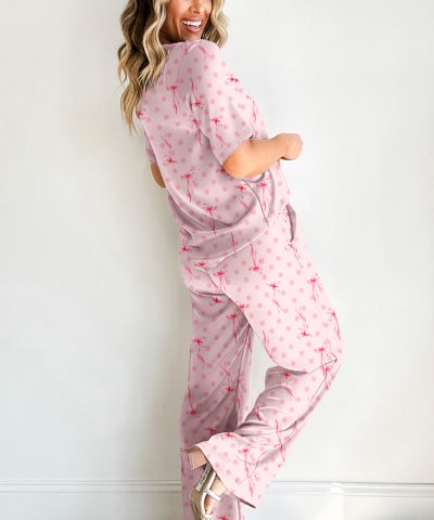 Pink Bow Knot Polka Dot Print Short Sleeve Top Lounge Set