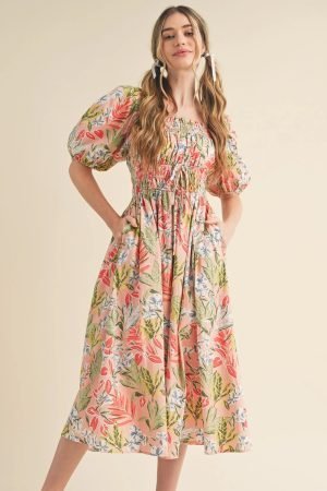 Apricot Pink Floral Smocked Bust Bubble Short Sleeve Maxi Dress - Image 5
