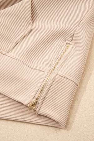 Parchment Textured Half Zip Kangaroo Pocket Top Drawstring Shorts Set - Image 7