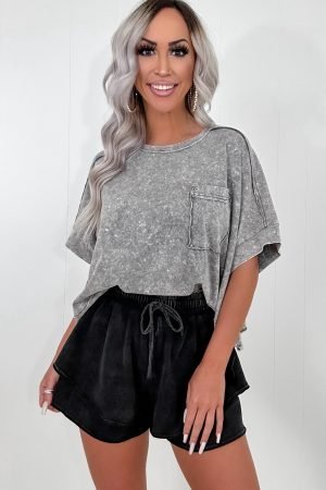 Black Mineral Wash French Terry Drawstring Elastic Waistband Casual Shorts - Image 5