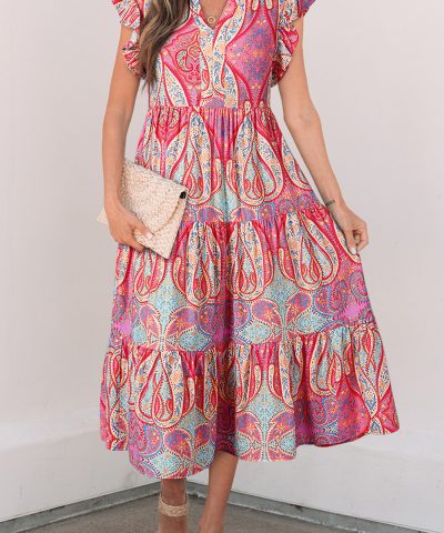 Rose Tribal Paisley Print Ruffled Sleeve Notch Neck Midi Dress