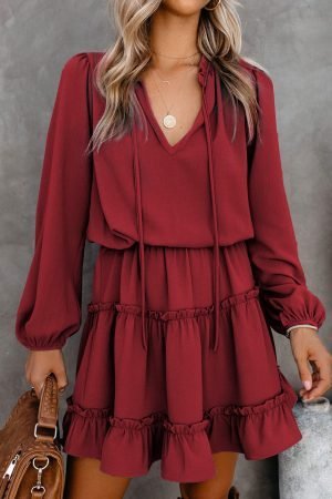 V Neck Long Sleeve Ruffle Tiered Mini Dress - Image 7