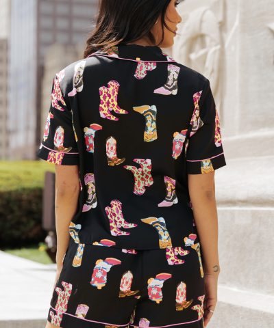Black Western Boots Printed Short Pajama Set