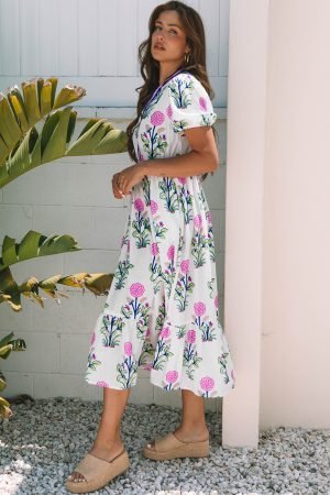 White Floral Puff Short Sleeve V Neck High Waist Maxi Dress - Image 2