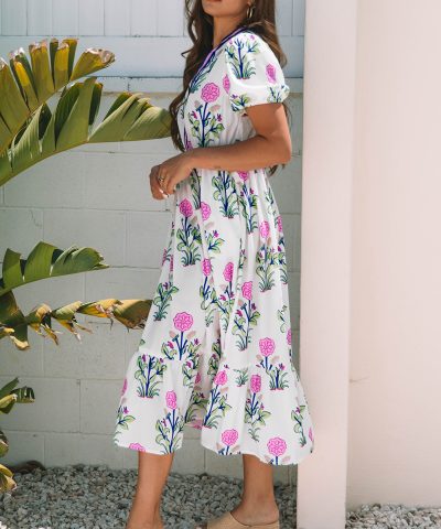 White Floral Puff Short Sleeve V Neck High Waist Maxi Dress