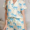 Yellow Bow Printed Short Sleeve Shirt Shorts Pajama Set