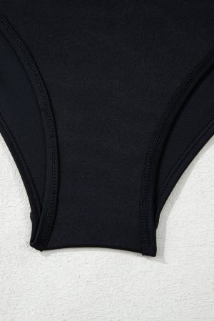Black Asymmetric Ruffle Shoulder Pleated One Piece Swimsuit - Image 8