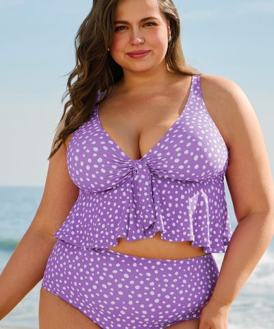 Purple Plus Size Polka Dot Print Ruffled Knotted V Neck Tankini Set
