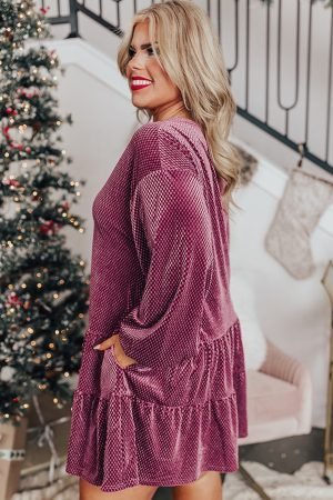 Meadow Mauve Plus Size Textured Velvet Tiered Buttons Tiered Dress - Image 2