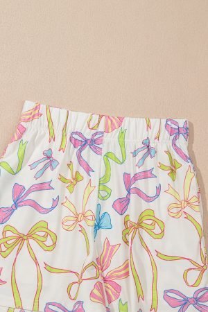 White Cheerful Bow Print Elastic Pull On Casual Shorts - Image 5