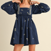 Blue Floral Embroidered Square Neck Puff Sleeve Ruffled Mini Dress