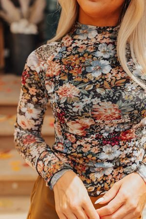Brown Floral Long Sleeve High Neck Sheath Mesh Blouse - Image 3