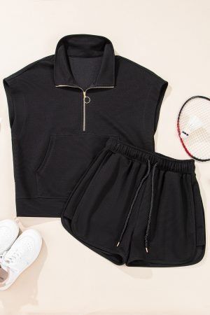 Black Textured Half Zip Kangaroo Pocket Top Drawstring Shorts Set - Image 4