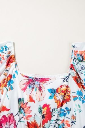 White Floral Square Neck Puff Sleeve Flowy Plus Size Midi Dress - Image 6