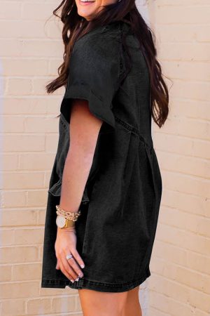 Alternative view of Black Frilled Short Sleeve Button Up Loose Denim Shirt Dress