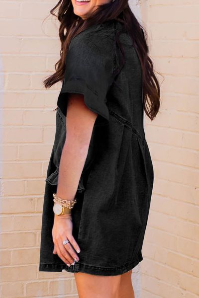 Black Frilled Short Sleeve Button Up Loose Denim Shirt Dress