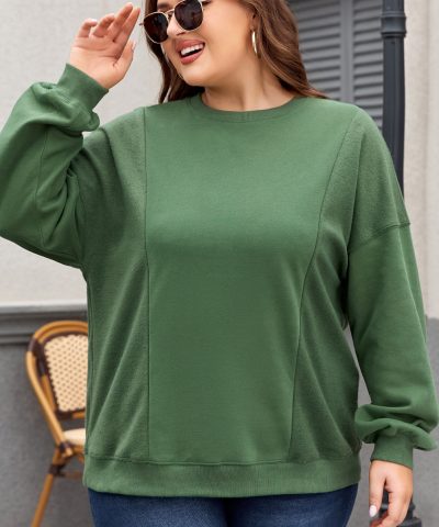 Blackish Green Loose Patchwork Crewneck Plus Size Sweatshirt
