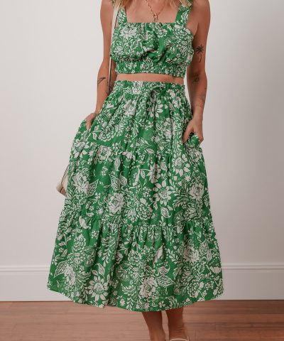 Green Floral Print Shirred Crop Top and High Waist Midi Skirt Set