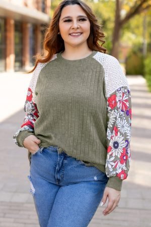 Vineyard Green Plus Size Textured Floral Patchwork Raglan Sleeve Blouse - Image 5