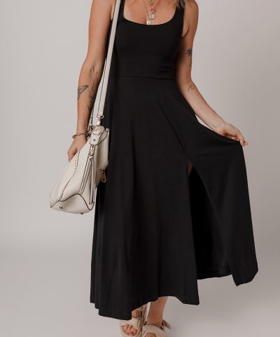 Black Sleeveless Scoop Neck Flared Split Midi Dress